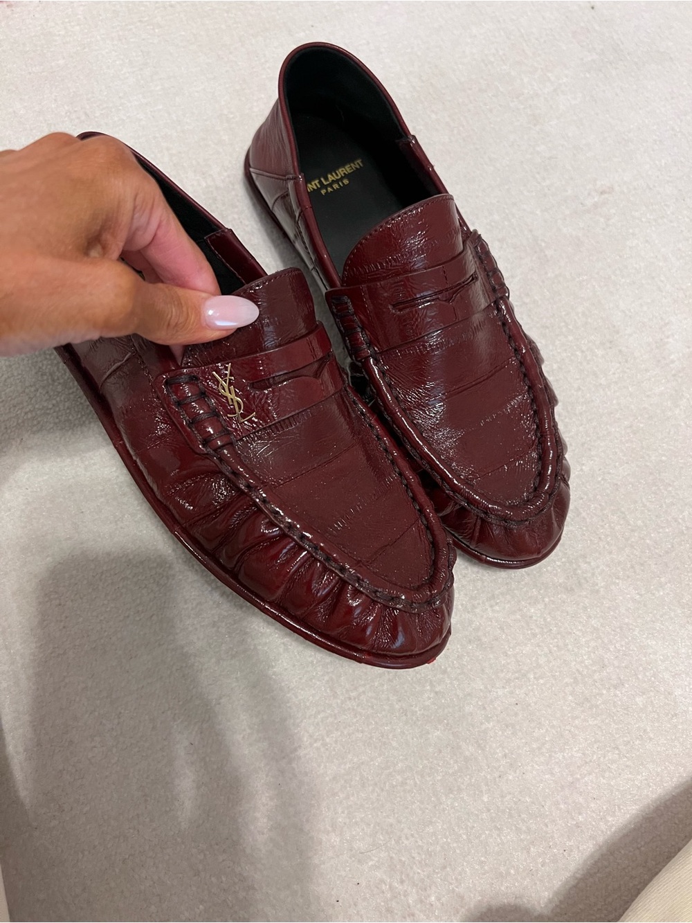Saint Laurent women’s Dark Burgundy Patent Leather Penny Loafers 36.5